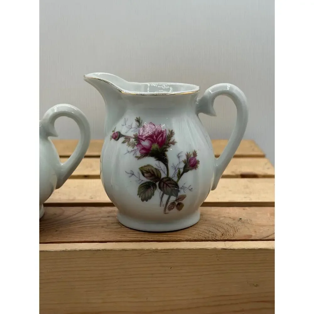 Vintage Pink Rose Porcelain Sugar Bowl and Creamer Pitcher Set with Gold Trim